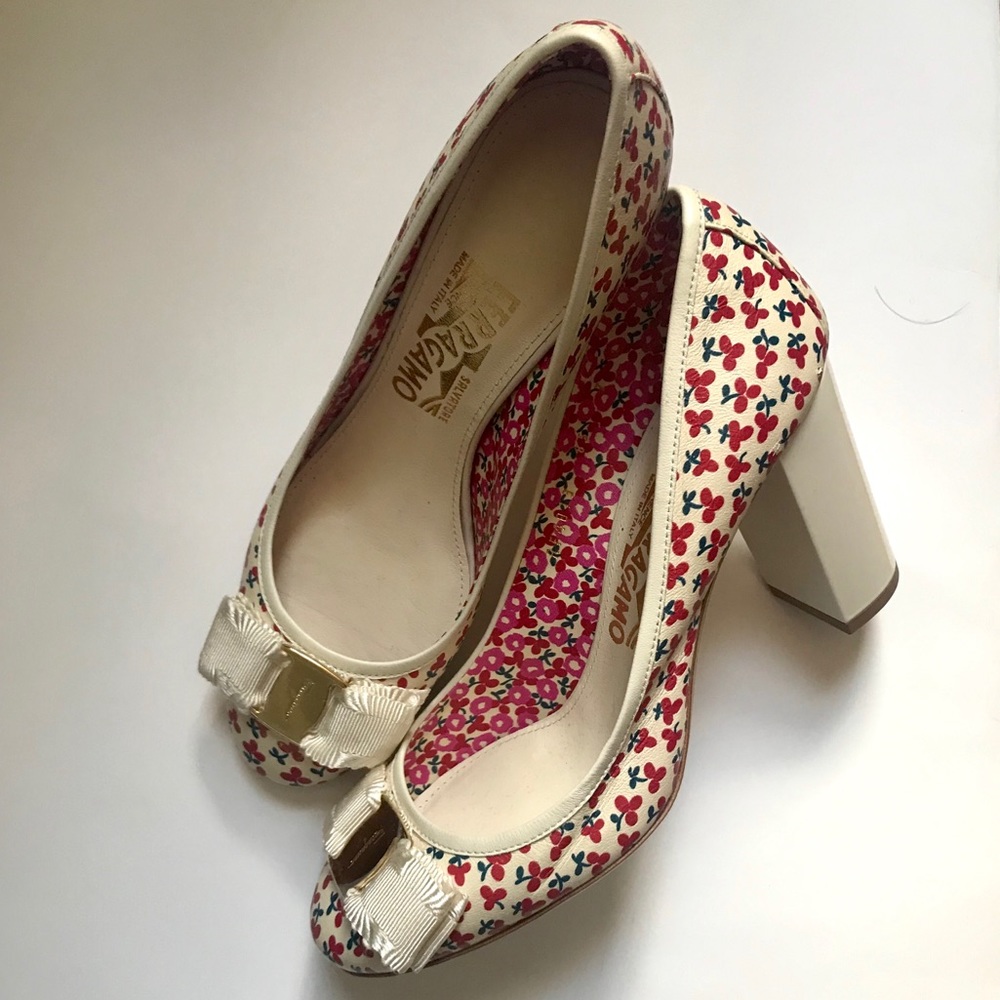 New Ferragamo Floral/Cherry Heel Pumps